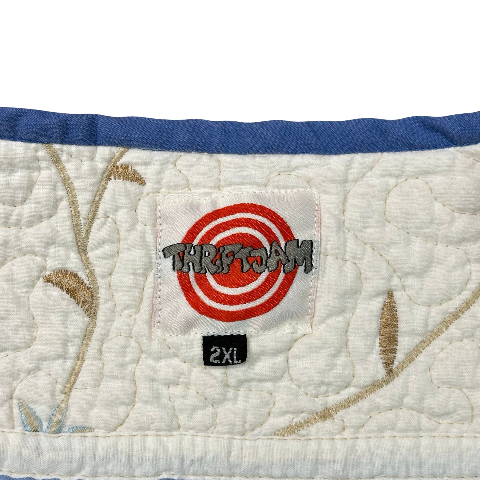 Bluebell Vine Embroidery quilted vest rework, ThriftJam brand label size 2XL