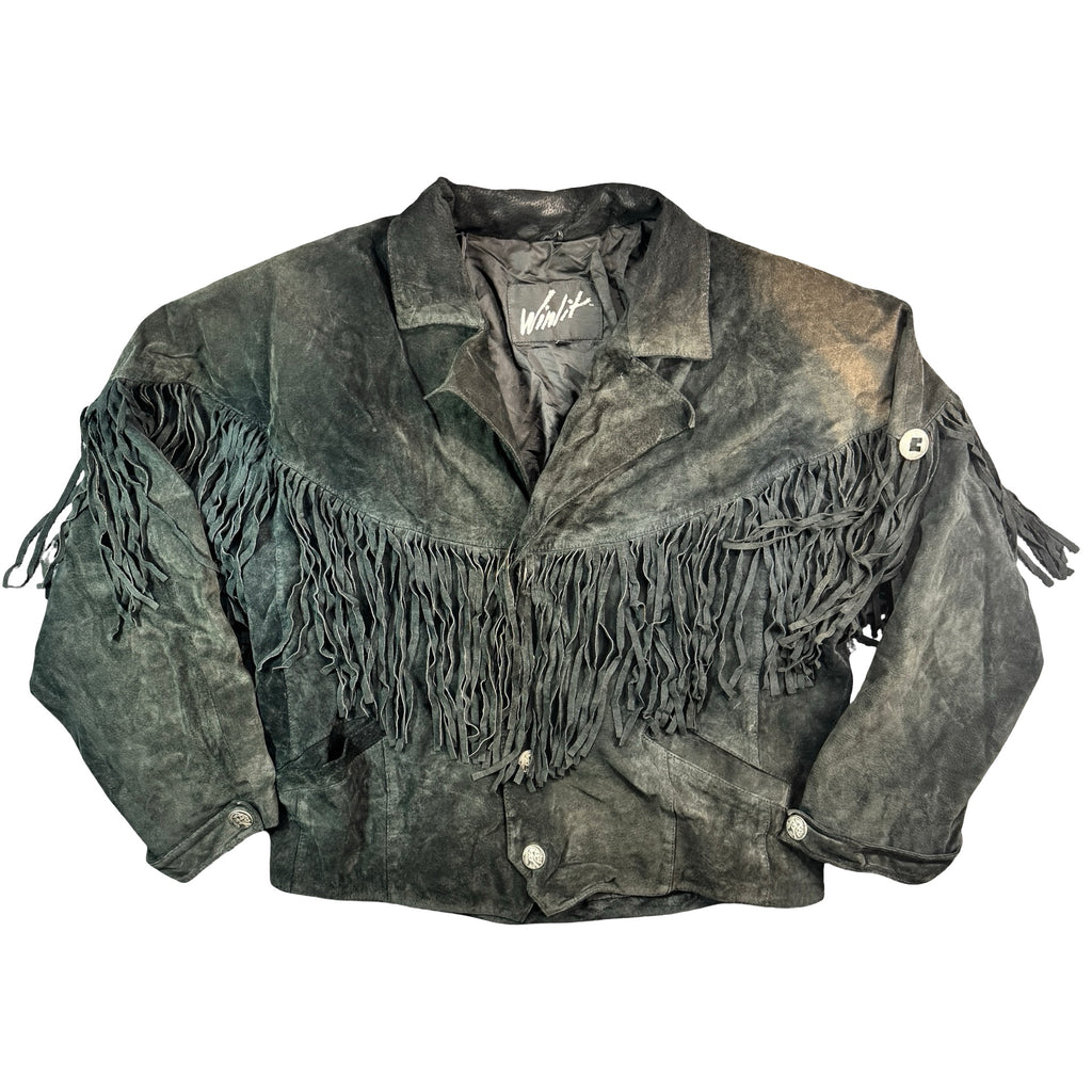 Vintage 80s-90s Winlit Black Suede Fringe Buffalo Nickel Snap Western Jacket Made in Korea Unisex