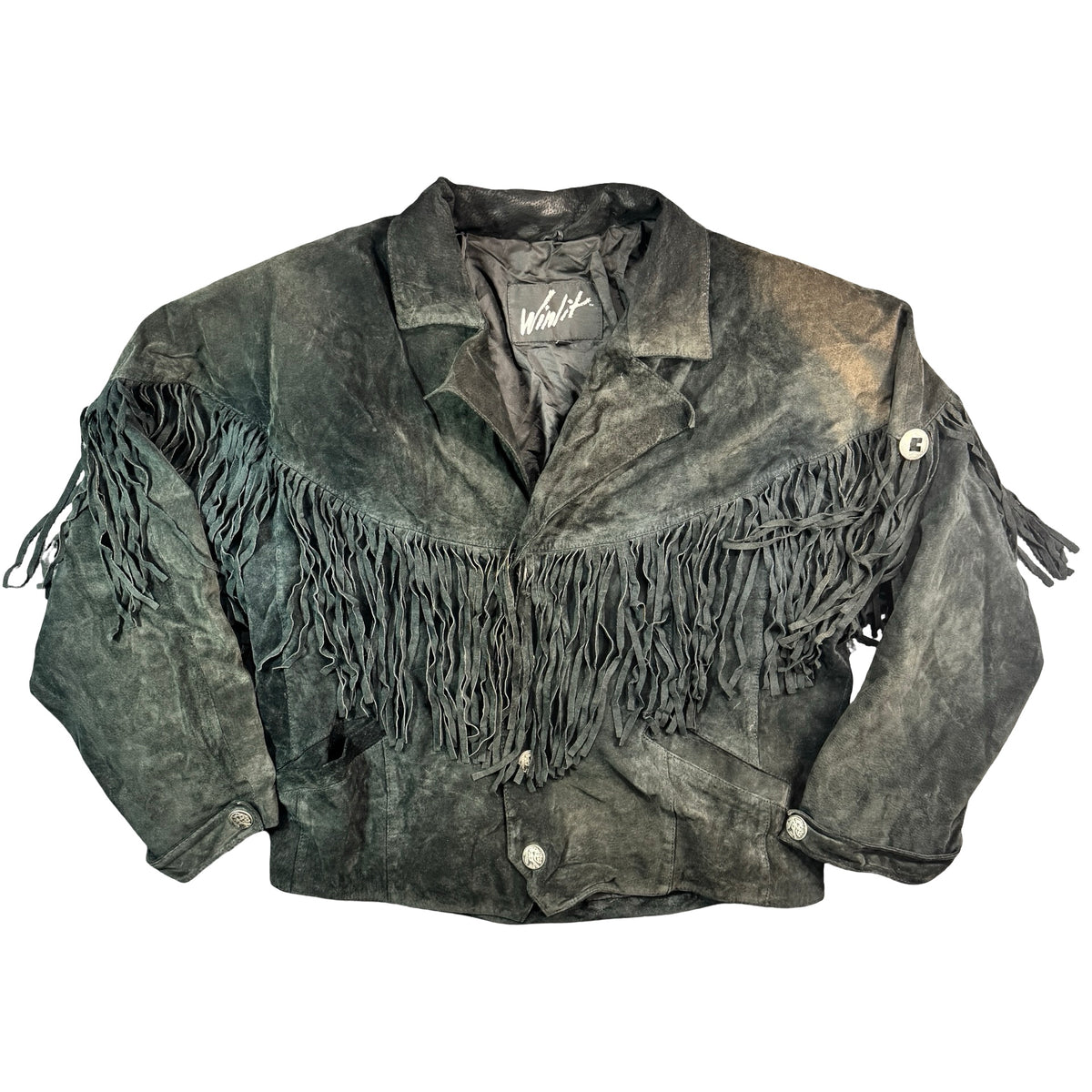 Vintage 80s-90s Winlit Black Suede Fringe Buffalo Nickel Snap Western Jacket Made in Korea Unisex