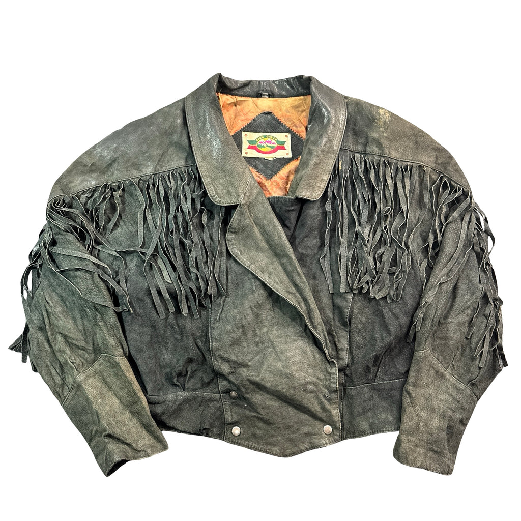 Vintage 80s-90s Rock Creek Black Suede Fringe Concho Western Jacket Made in Korea Unisex L