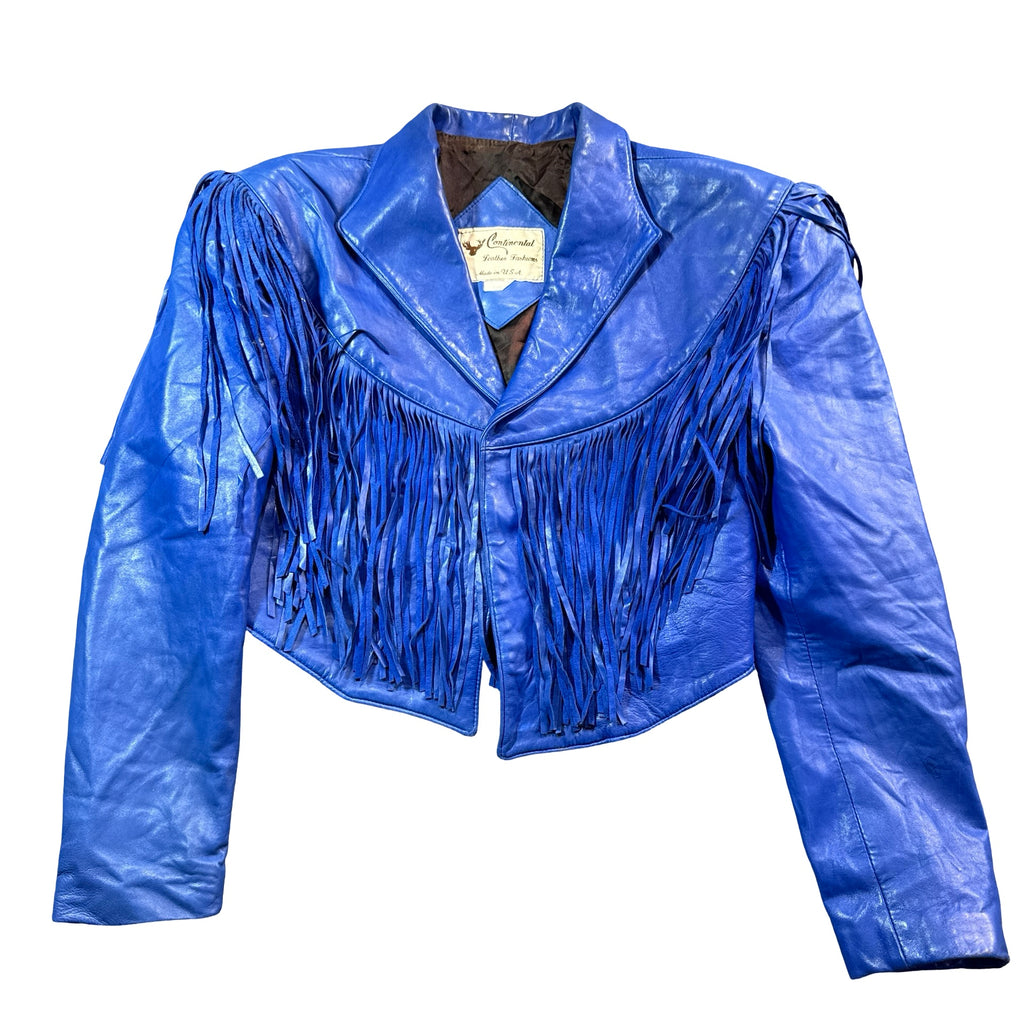 Vintage Continental Leather Fashions cobalt blue leather fringe jacket front