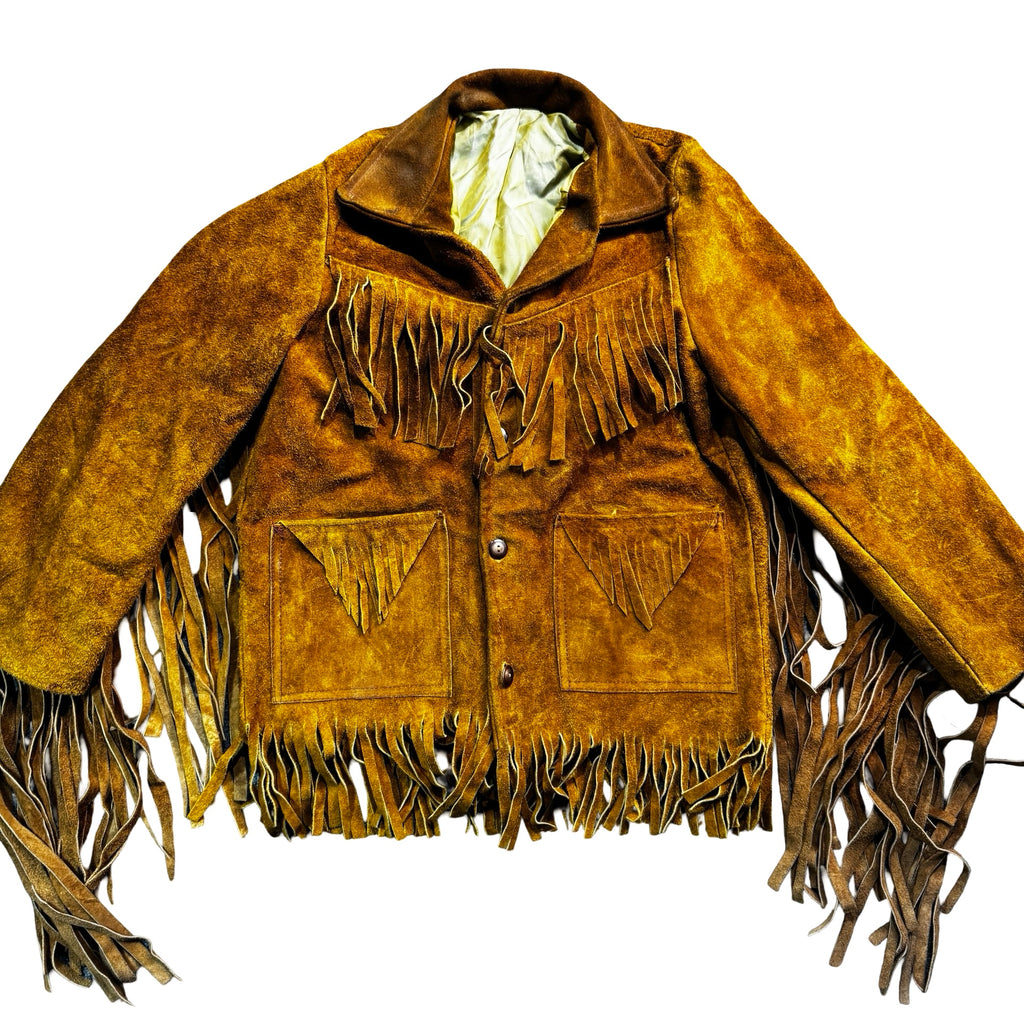 Vintage 70s-80s Olive Brown Suede Fringe Triangle Pocket Snap Western Jacket Unisex
