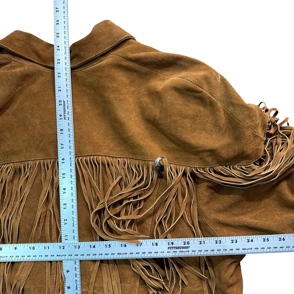 Vintage 80s-90s Rock Creek Tan Suede Fringe Snap Cropped Jacket Made in Korea Womens L