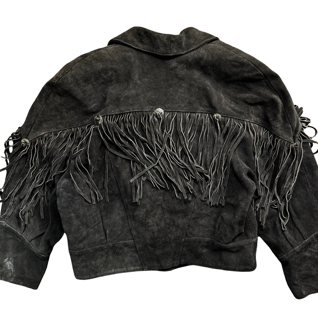 Vintage 90s Yearbook Black Suede Fringe Concho Snap Cropped Jacket Made in Korea Womens L