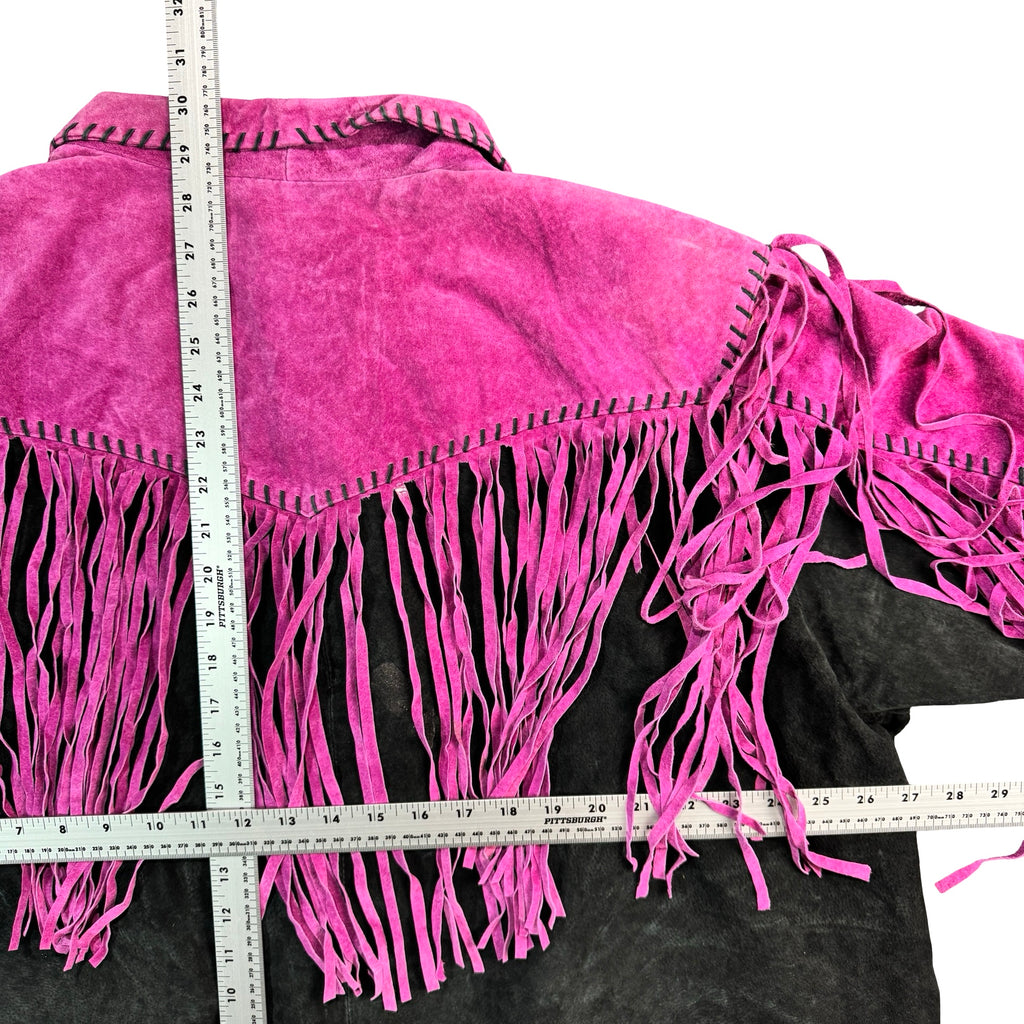 Vintage 90s Bob Mackie Wearable Art Pink Black Suede Fringe Whipstitch Button Front Western Jacket Womens Plus 3X