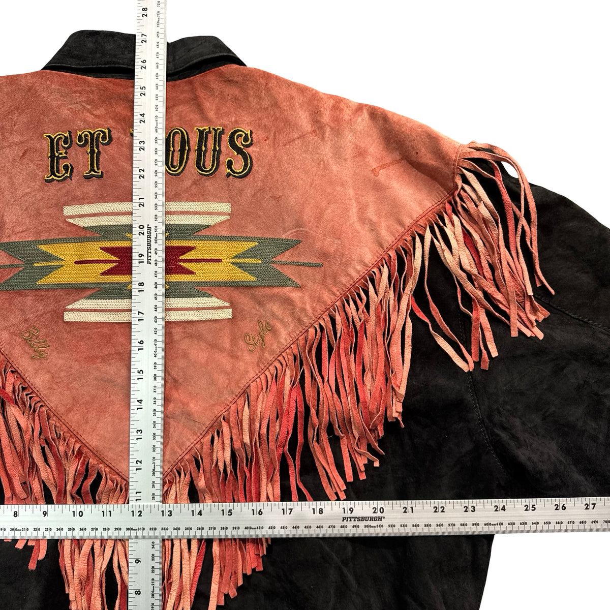 Vintage 90s Hysteric Et Vous Black Pink Suede Fringe Aztec Embroidered Jacket Made in Korea Unisex