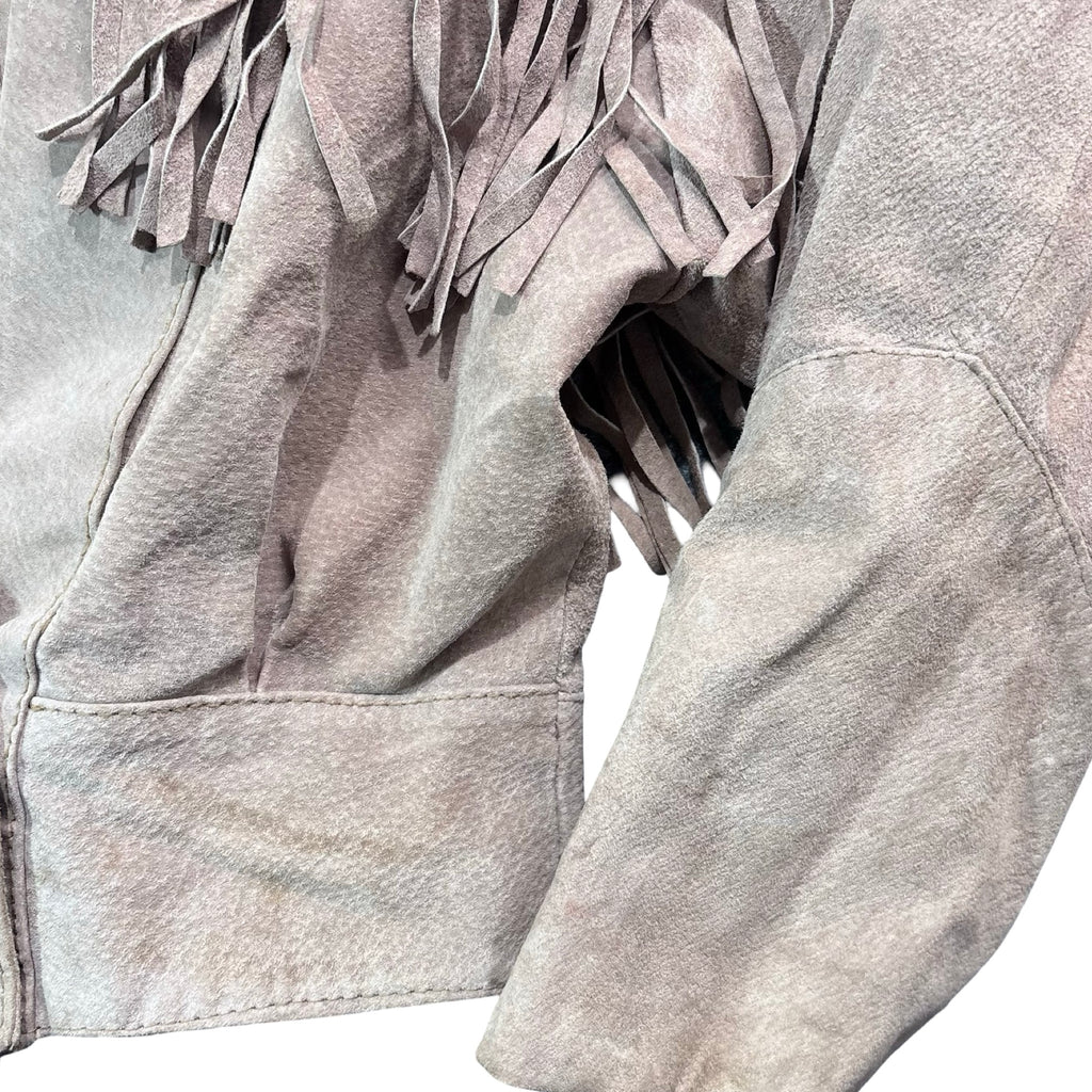 Vintage 80s Concept Clothing Company Taupe Suede Fringe Snap Front Jacket Womens S