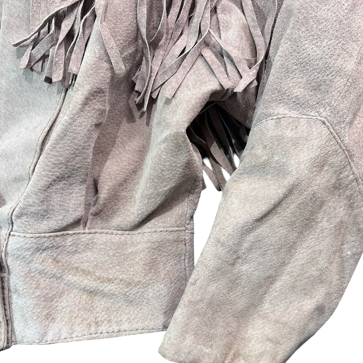 Vintage 80s Concept Clothing Company Taupe Suede Fringe Snap Front Jacket Womens S