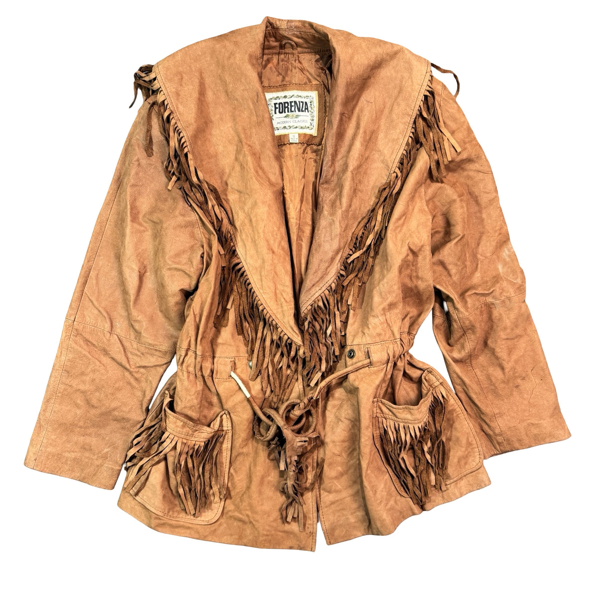 Vintage 80s-90s Forenza Tan Suede Fringe Belted Western Jacket Made in Korea Womens S