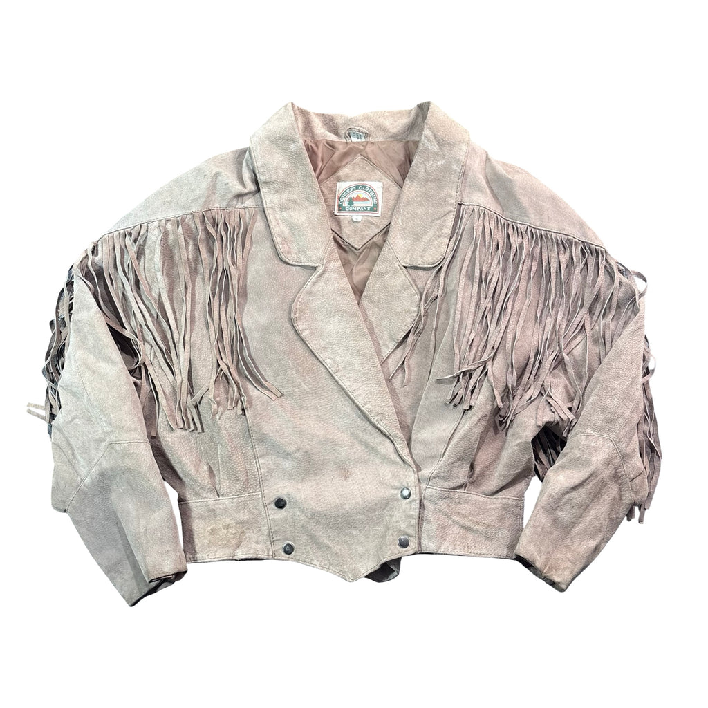 Vintage 80s Concept Clothing Company Taupe Suede Fringe Snap Front Jacket Womens S