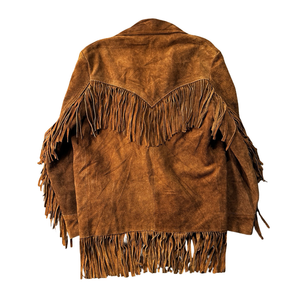 Brown suede fringe western jacket, back view with fringe yoke