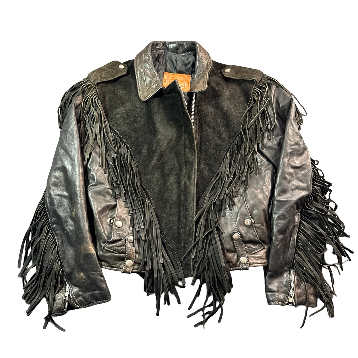 Vintage Walter Dyer black leather fringe moto jacket front