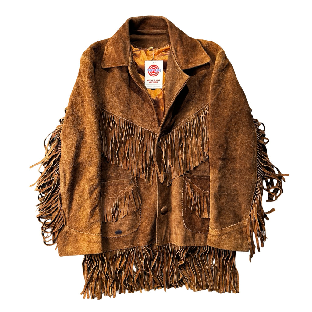 Vintage brown suede pinked edge fringe western jacket, front view