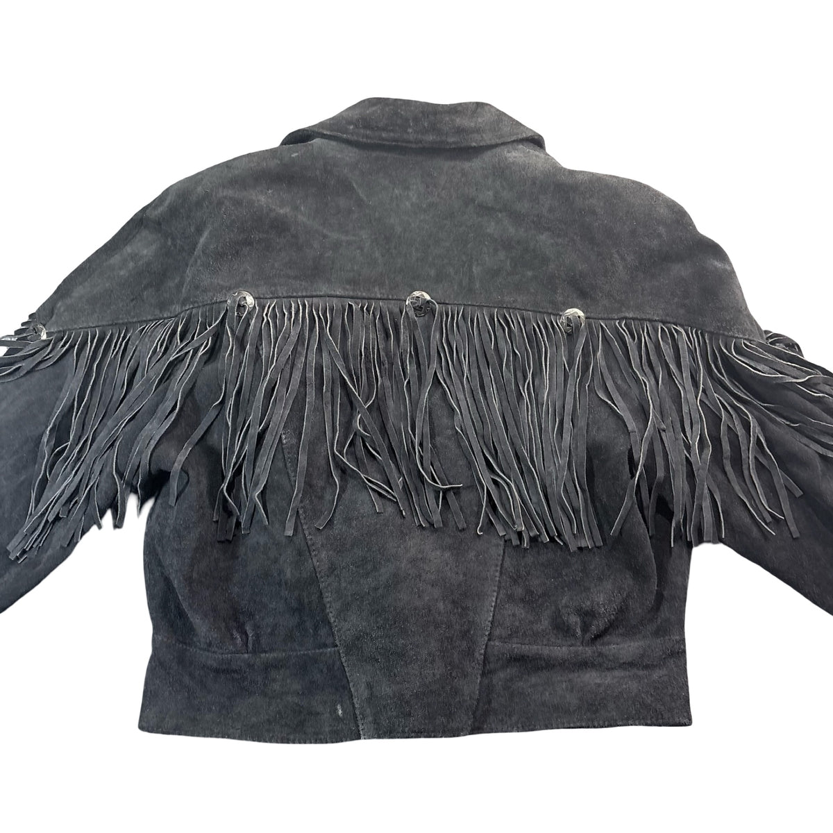 Vintage 80s-90s Yearbook Black Suede Fringe Concho Snap Front Western Jacket Womens L