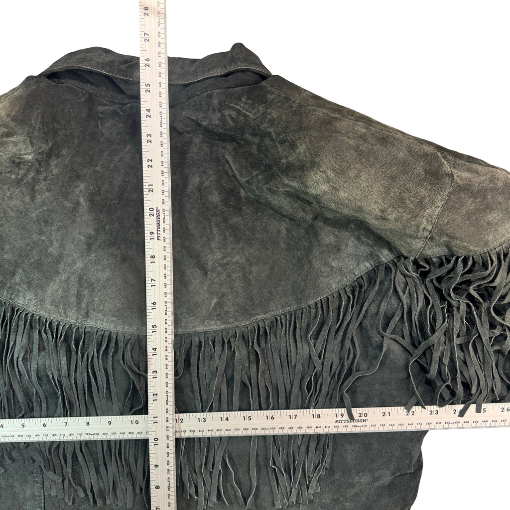 Vintage 80s-90s Winlit Black Suede Fringe Buffalo Nickel Snap Western Jacket Made in Korea Unisex