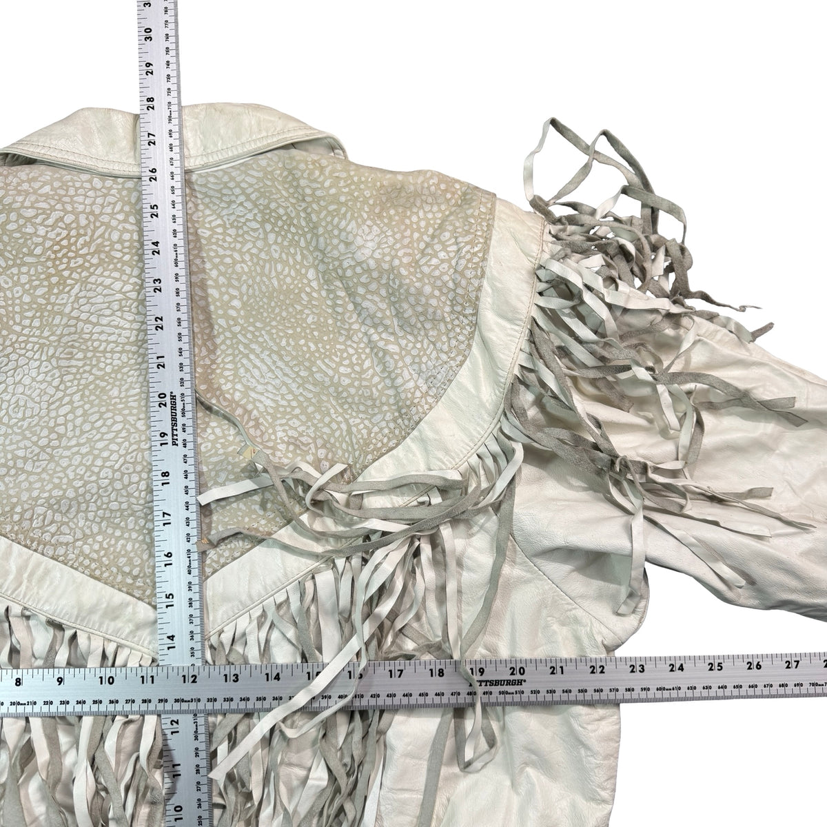 Vintage 80s-90s Gino Giorgio Cream Leather Fringe Embossed Yoke Bomber Jacket Made in Argentina Womens M