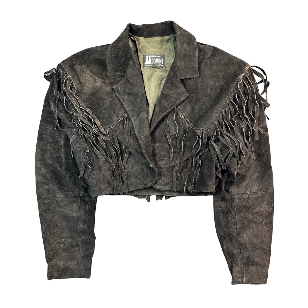 Vintage 80s-90s Comint Black Suede Fringe Cropped Western Jacket Made in Argentina Womens S