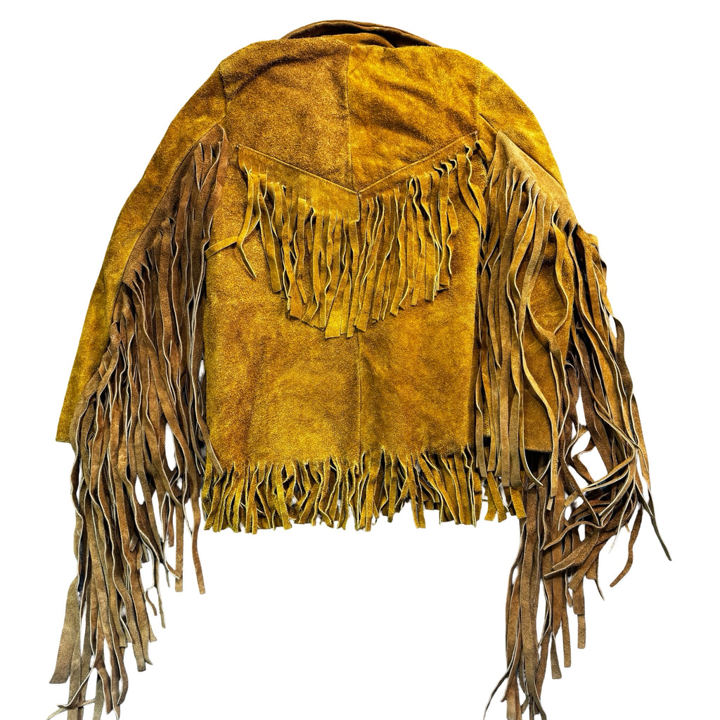 Vintage 70s-80s Olive Brown Suede Fringe Triangle Pocket Snap Western Jacket Unisex