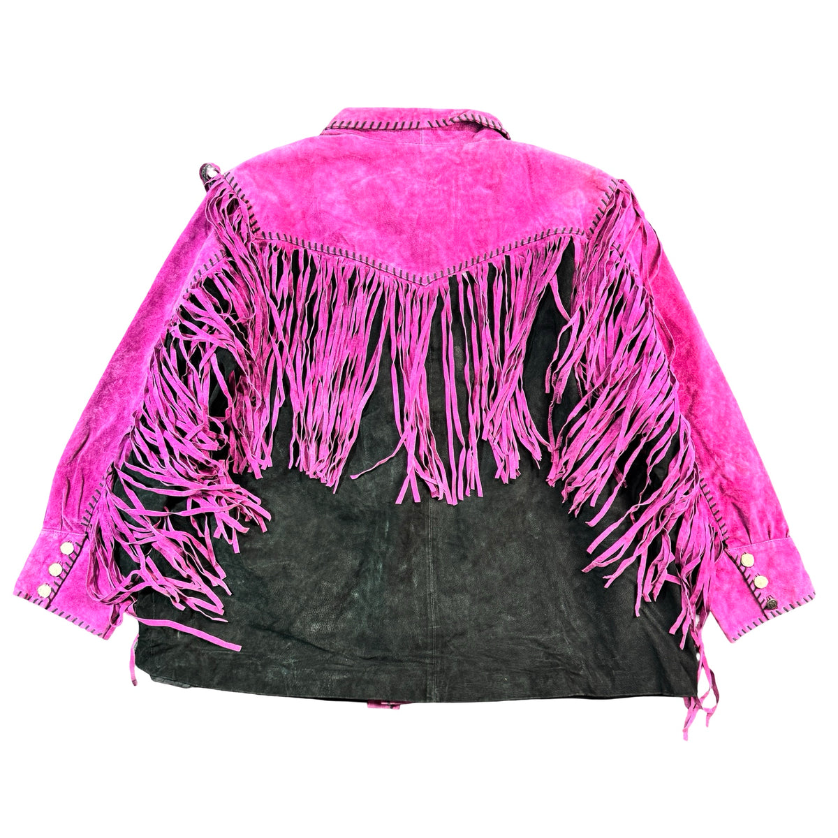 Vintage 90s Bob Mackie Wearable Art Pink Black Suede Fringe Whipstitch Button Front Western Jacket Womens Plus 3X