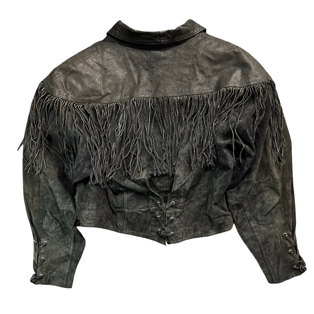 Vintage 80s-90s Black Suede Fringe Concho Cropped Jacket Made in Korea Womens M