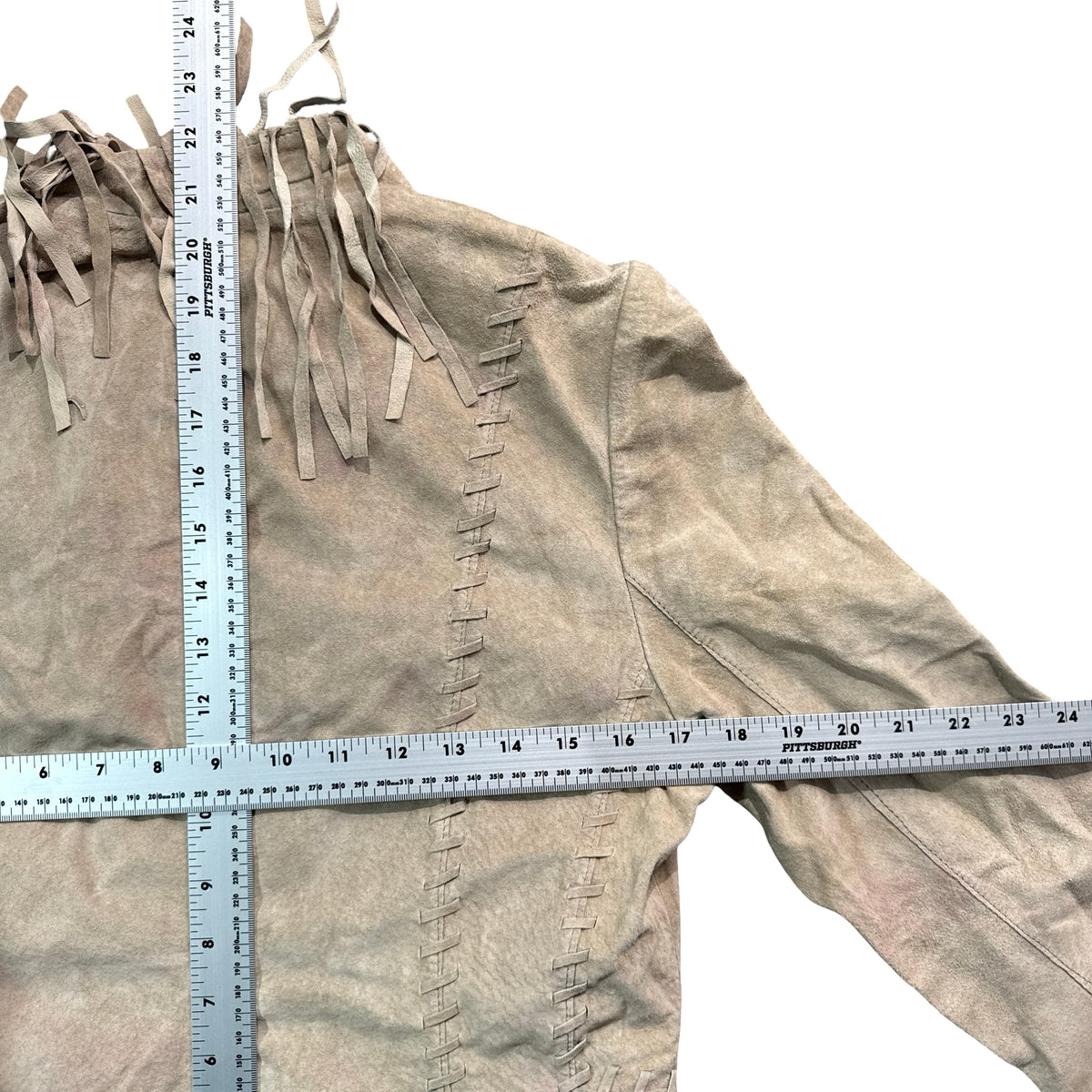 Y2K BAY Stone Suede Whipstitch Tie Neck Fringe Jacket Womens 12