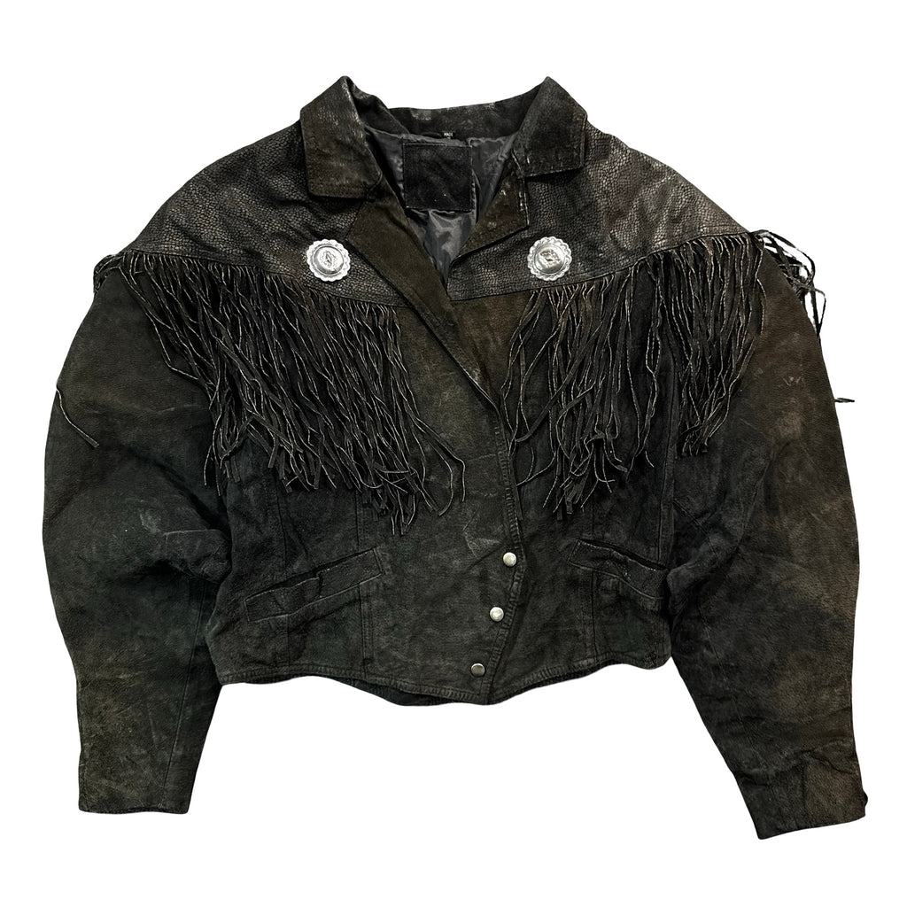 Vintage 80s-90s Black Suede Fringe Concho Cropped Jacket Made in Korea Womens M