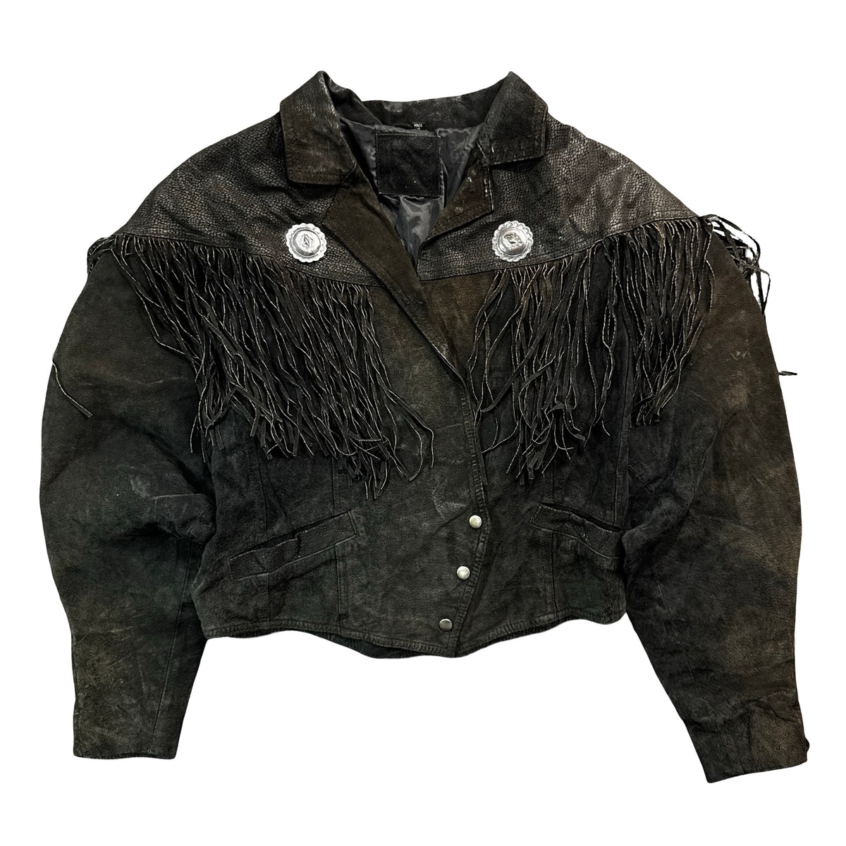 Vintage 80s-90s Black Suede Fringe Concho Cropped Jacket Made in Korea Womens M