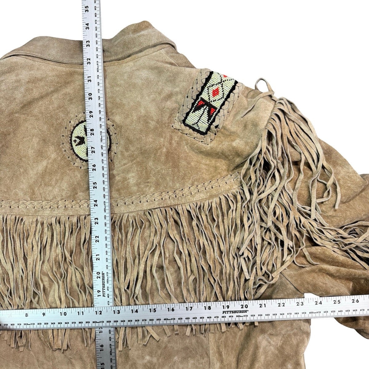 3B West Taupe Suede Fringe Beaded Bone Pocket Western Jacket Made in Pakistan Unisex XL