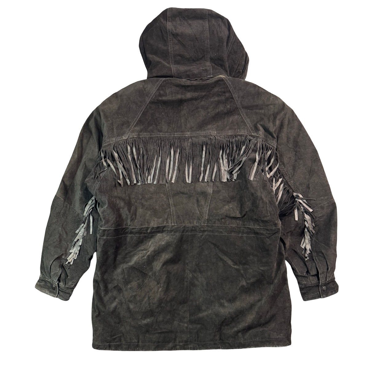 Vintage 90s Pietro Romanique Black Suede Fringe Hooded Parka Jacket Made in China Unisex L