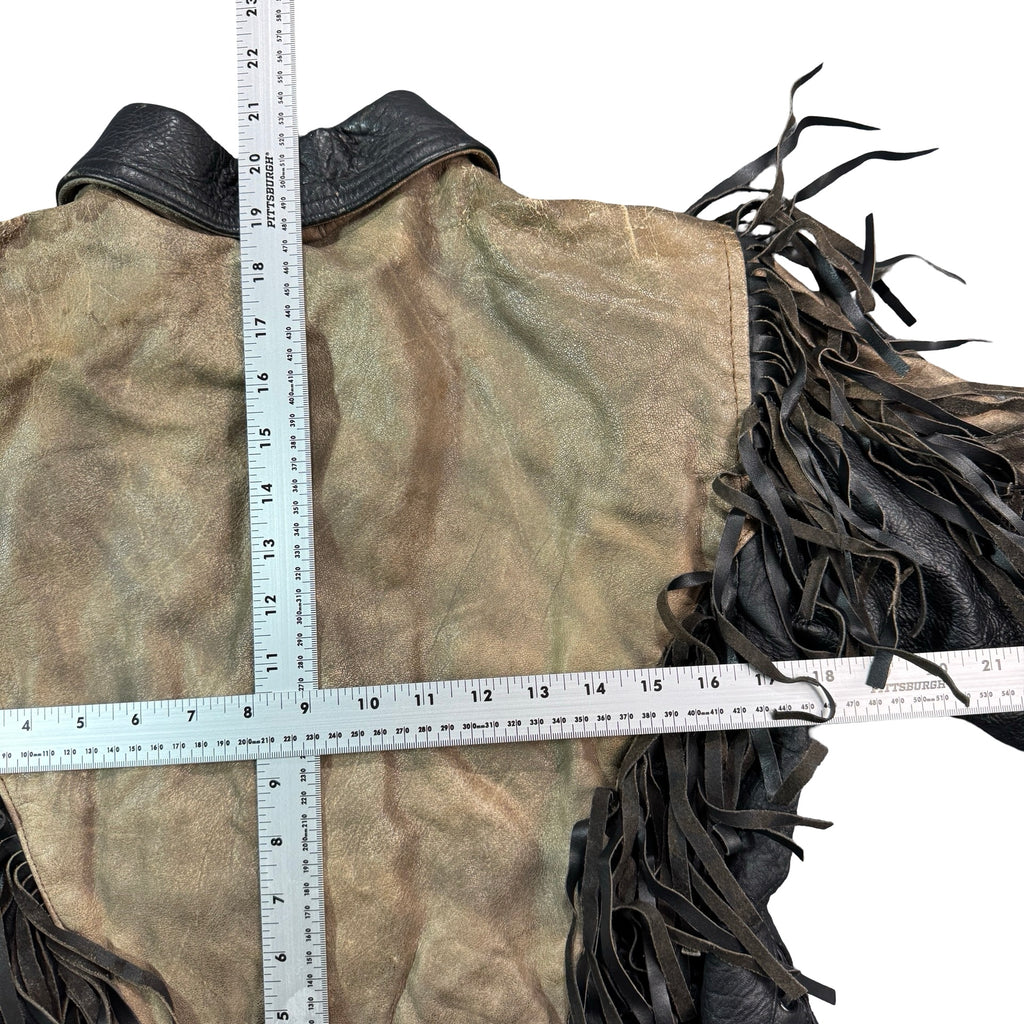 Vintage 90s Tan Black Leather Fringe Cropped Zip Front Moto Jacket Womens S