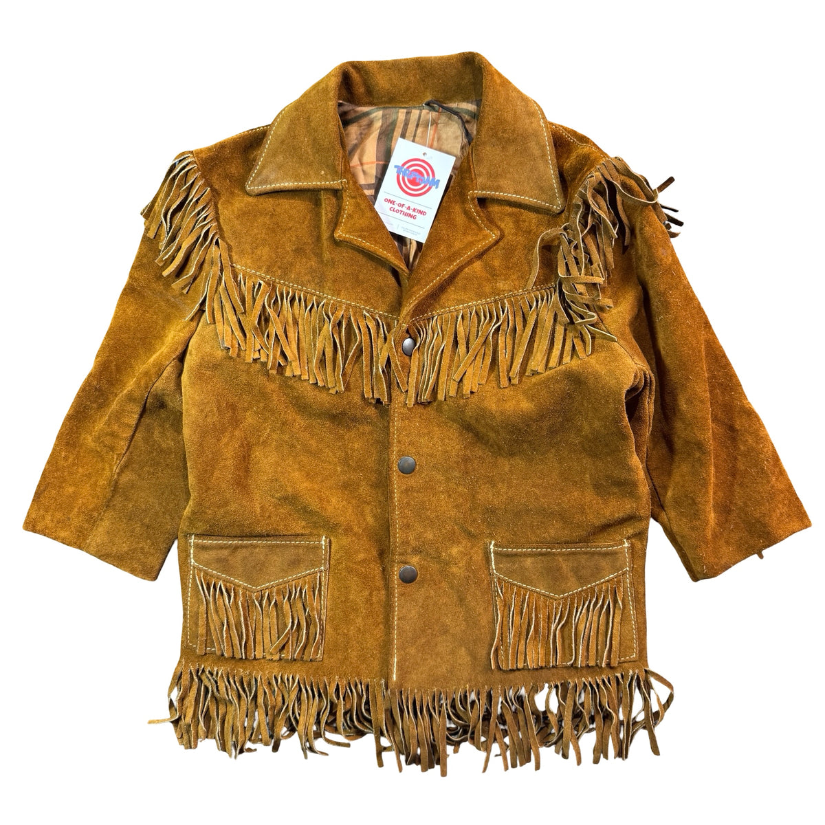 Vintage 70s Jo-Kay Naturaleather rust suede fringe jacket kids 12 front