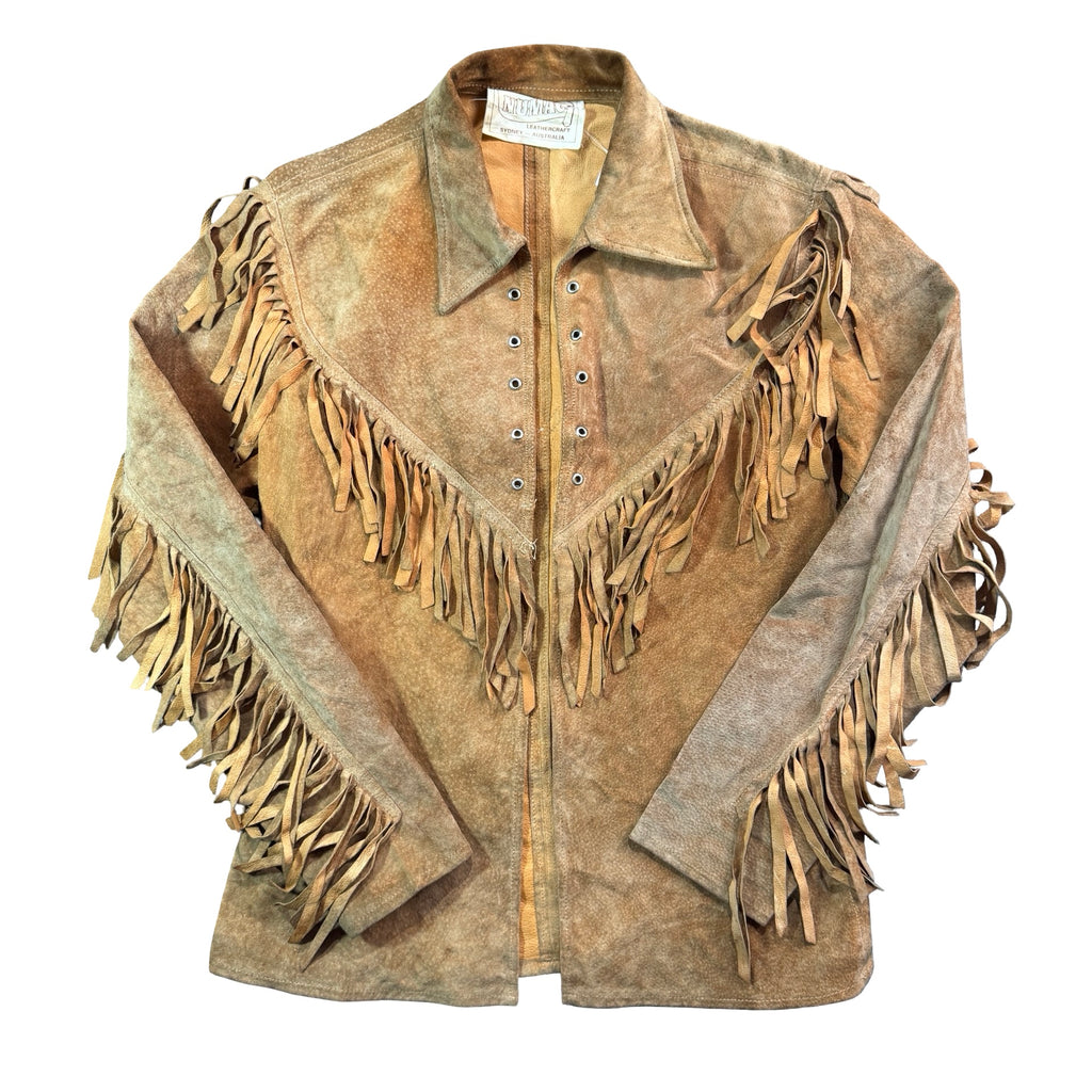 Vintage Australian Leathercraft tan suede fringe jacket front