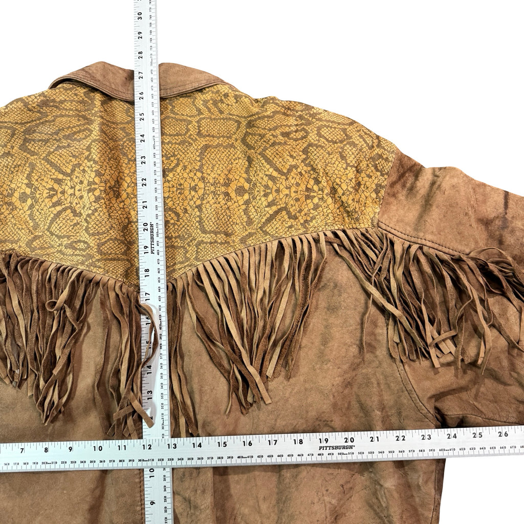 Vintage 80s Tan Suede Fringe Snake Print Yoke Bomber Western Jacket Made in Korea Womens