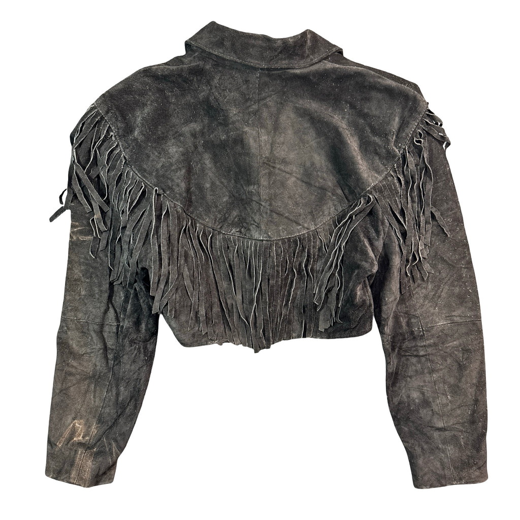 Vintage 80s-90s Comint Black Suede Fringe Cropped Western Jacket Made in Argentina Womens S