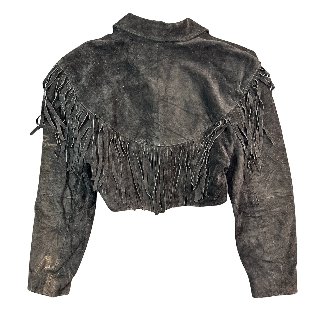 Vintage 80s-90s Comint Black Suede Fringe Cropped Western Jacket Made in Argentina Womens S