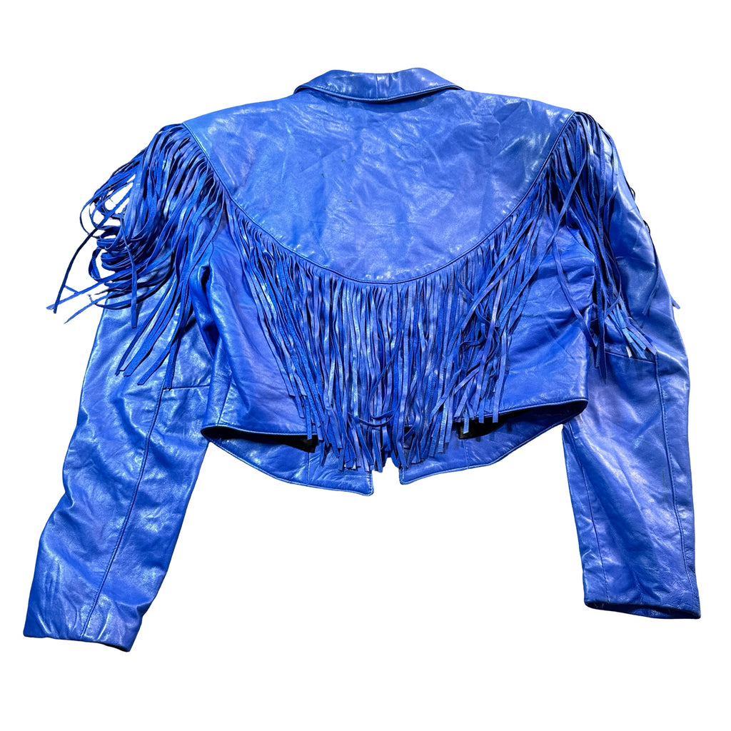 Continental blue leather fringe jacket back