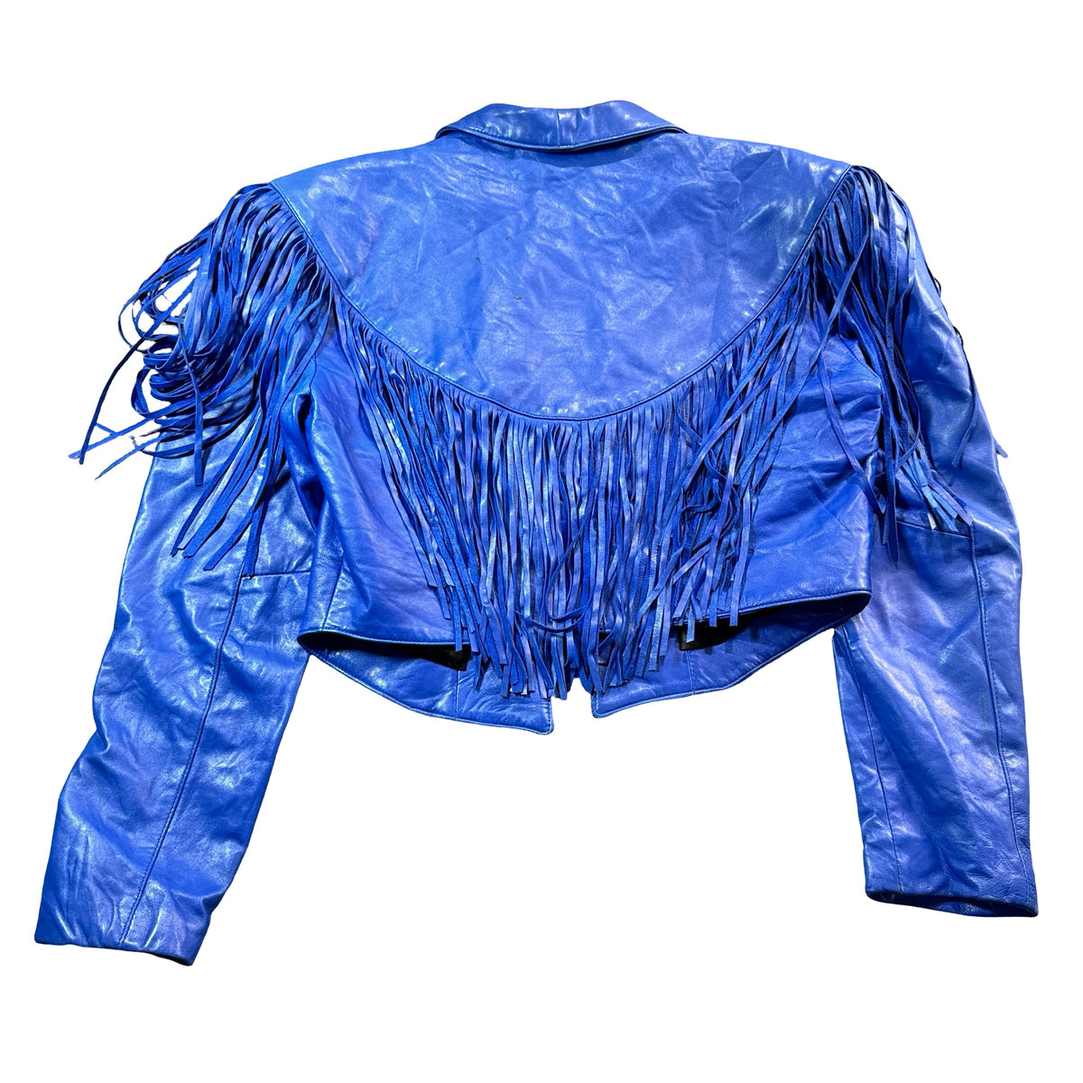 Continental blue leather fringe jacket back