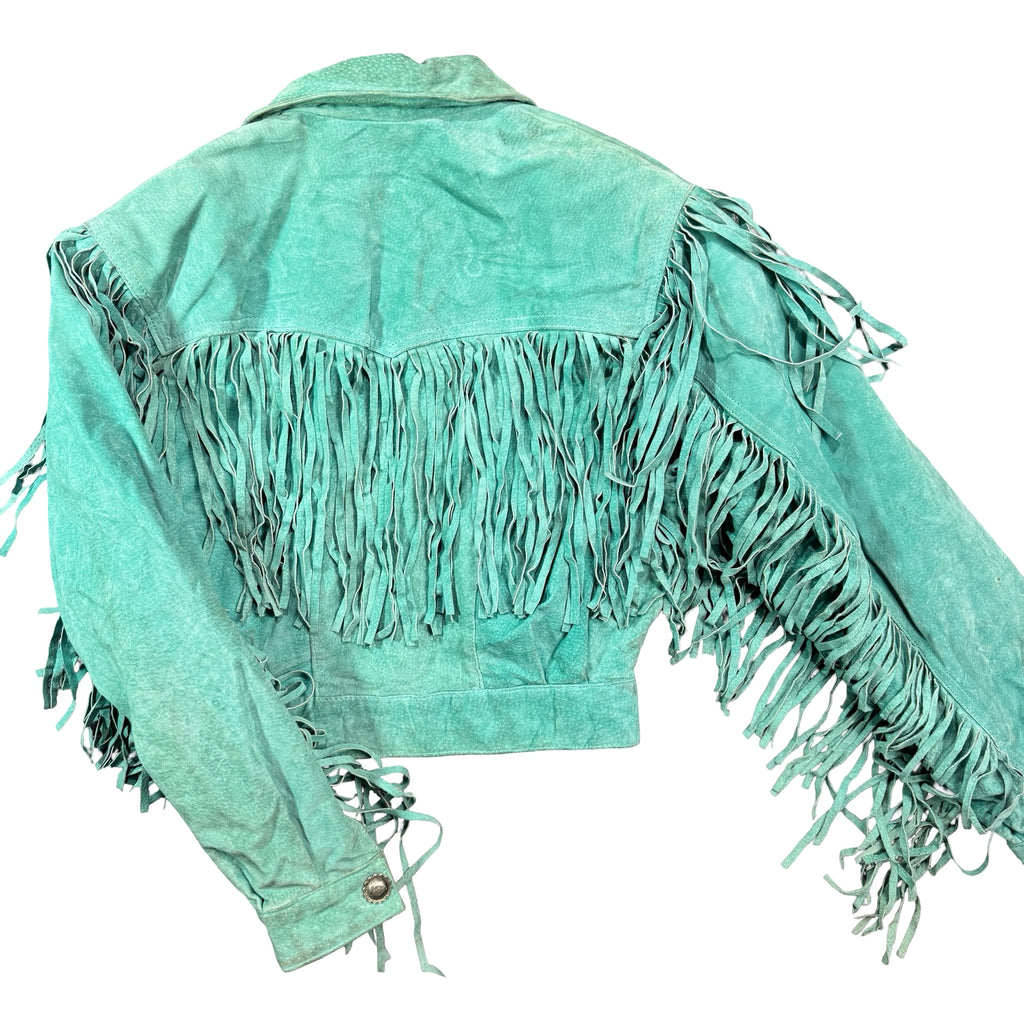 Vintage 90s Chia Teal Suede Fringe Concho Snap Cropped Western Jacket Made in Korea Womens M