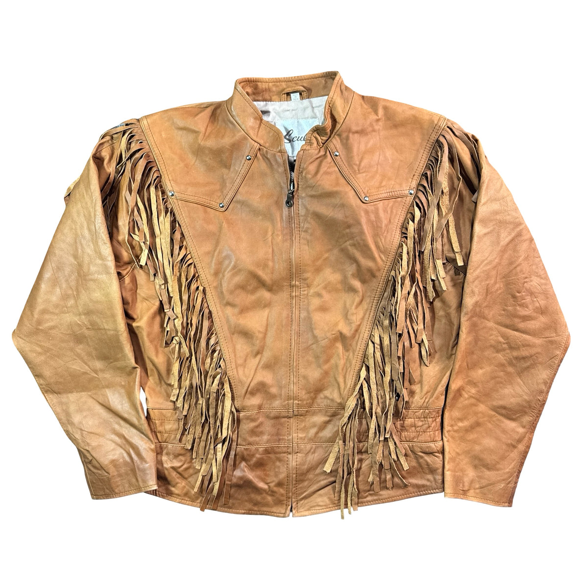 Y2K Scully tan leather fringe jacket front