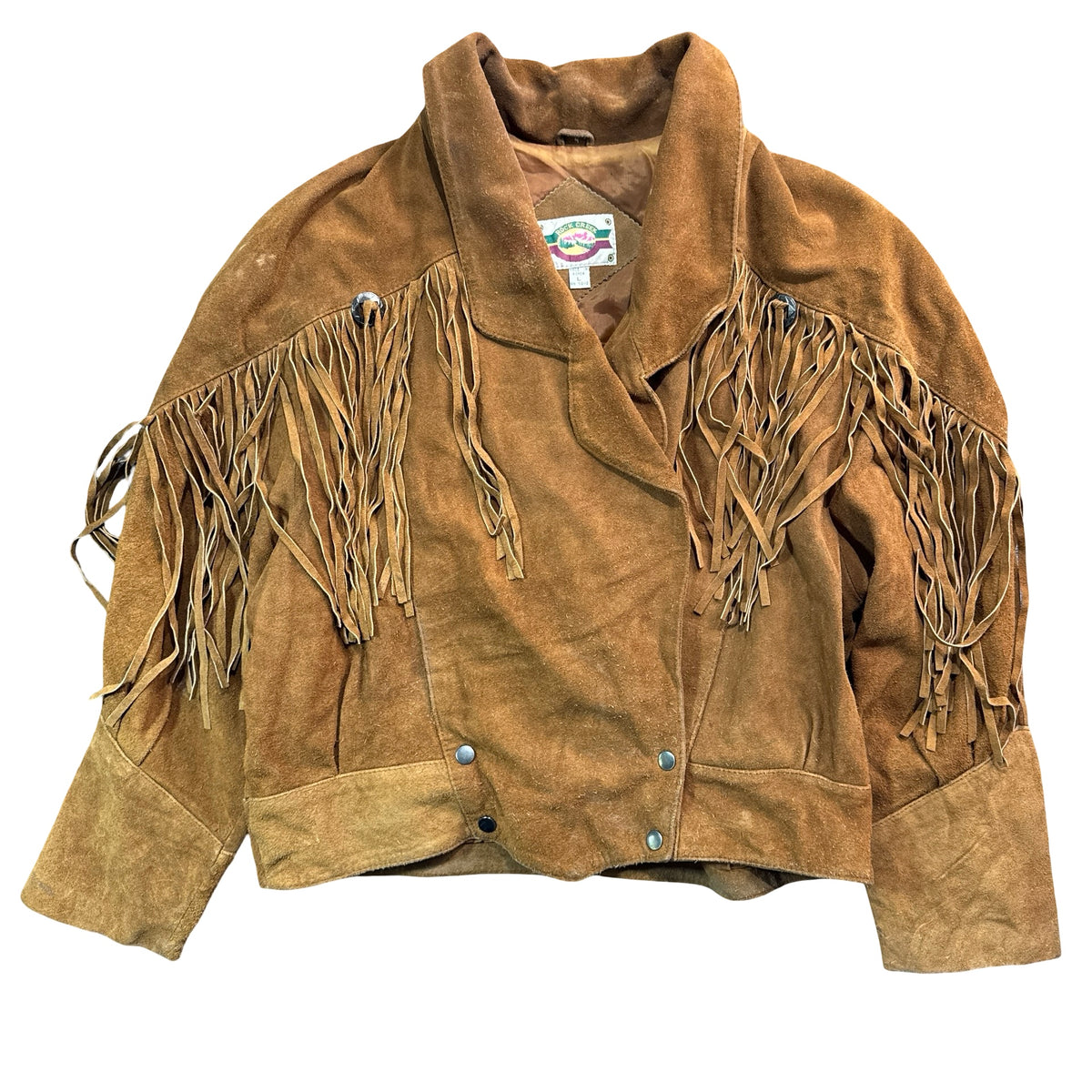 Vintage 80s-90s Rock Creek Tan Suede Fringe Snap Cropped Jacket Made in Korea Womens L