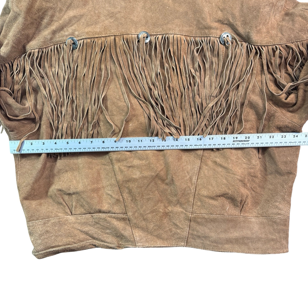 Tan suede fringe jacket with measuring tape across the chest