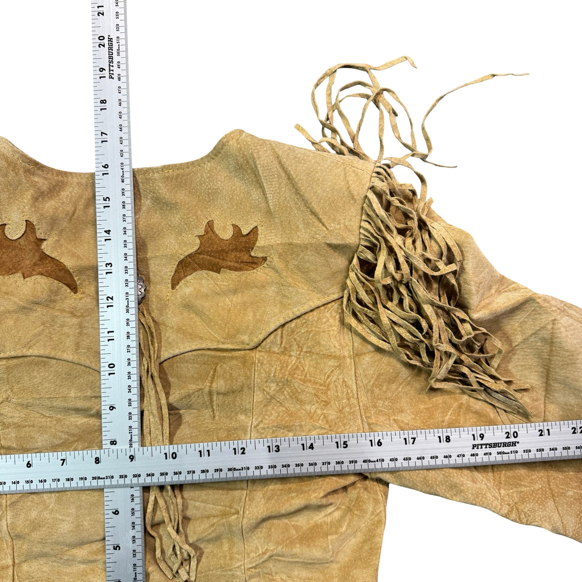 Vintage 80s-90s Pioneer Wear Sand Suede Fringe Bone Applique Western Jacket Made in USA Womens S