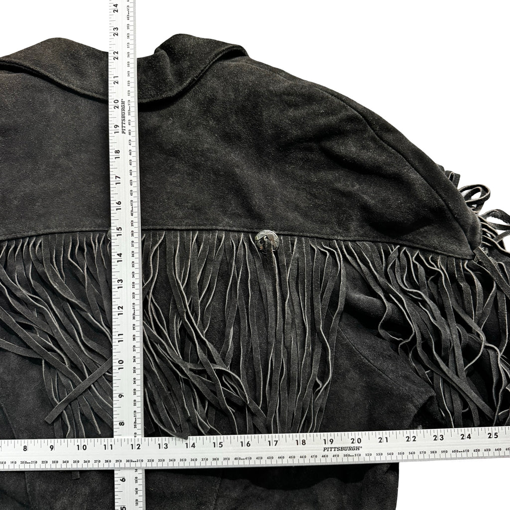 Vintage 90s Yearbook Black Suede Fringe Concho Snap Cropped Jacket Made in Korea Womens L