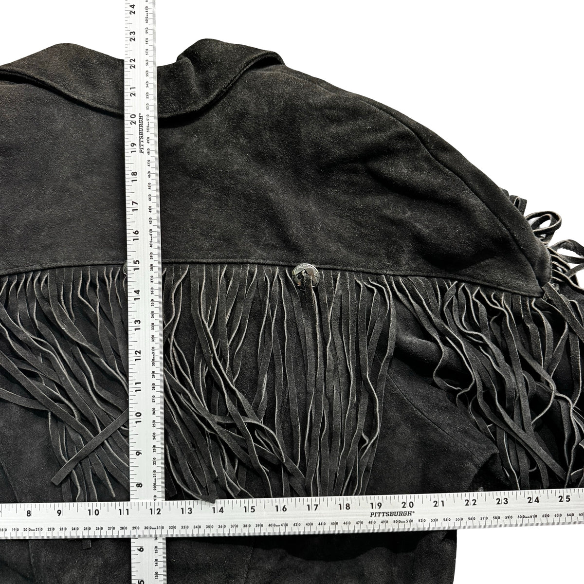 Vintage 90s Yearbook Black Suede Fringe Concho Snap Cropped Jacket Made in Korea Womens L