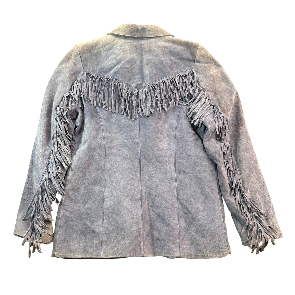Slate blue suede fringe jacket, back view with fringe yoke