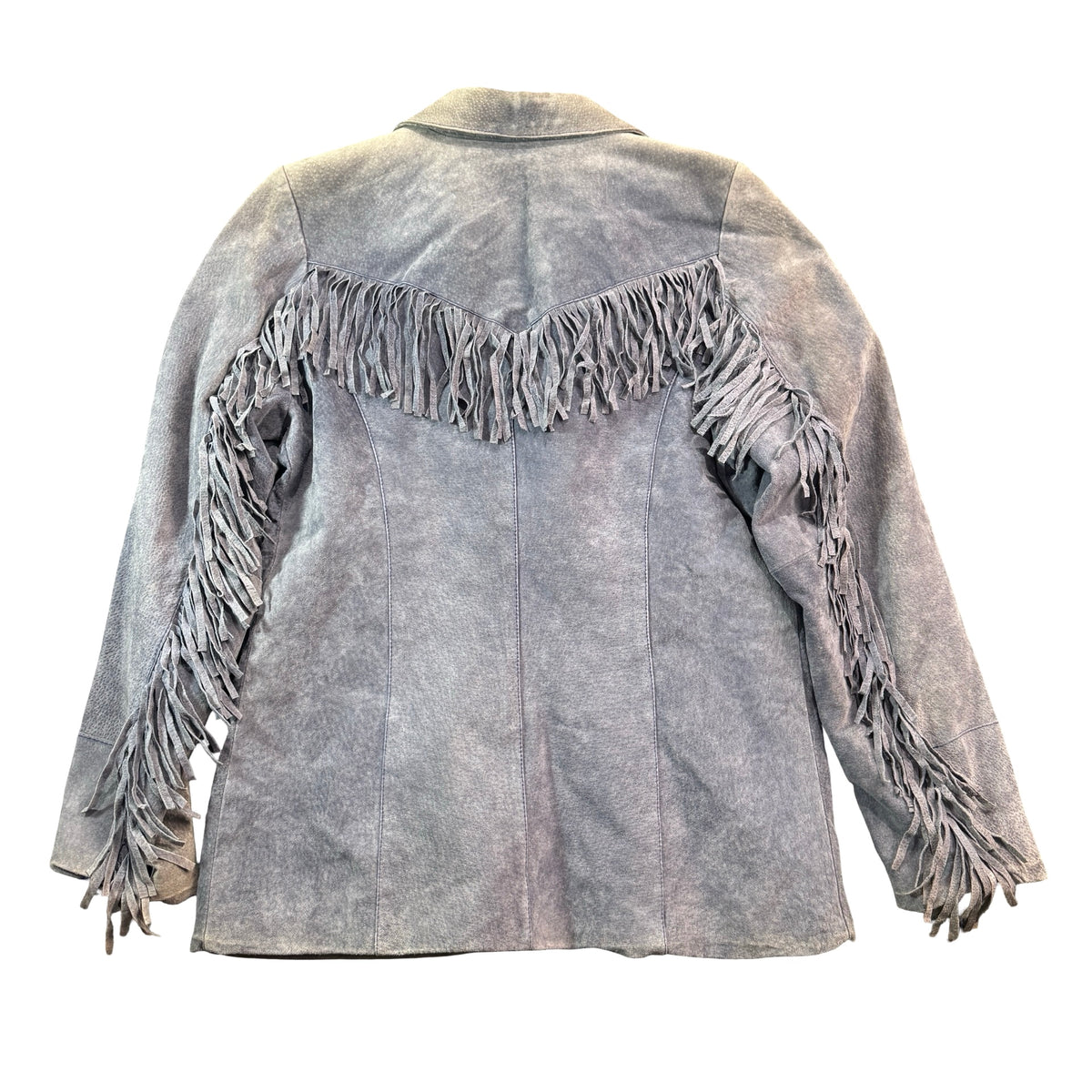 Slate blue suede fringe jacket, back view with fringe yoke