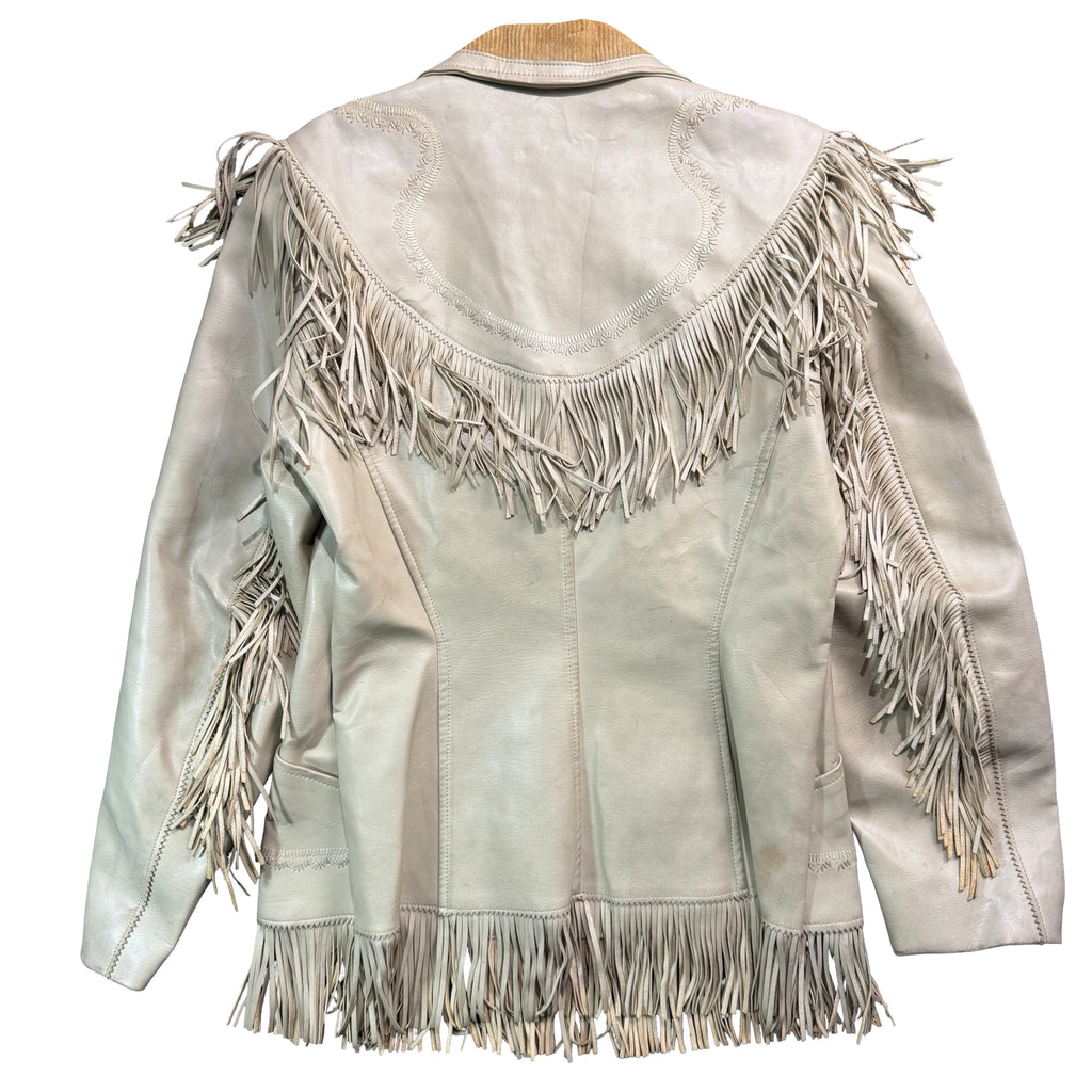 Vintage 70s-80s Pioneer Wear Cream Leather Fringe Embroidered Yoke Western Jacket Womens