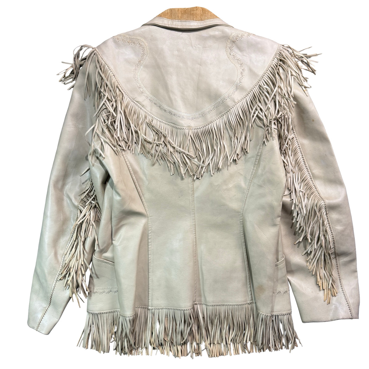 Vintage 70s-80s Pioneer Wear Cream Leather Fringe Embroidered Yoke Western Jacket Womens
