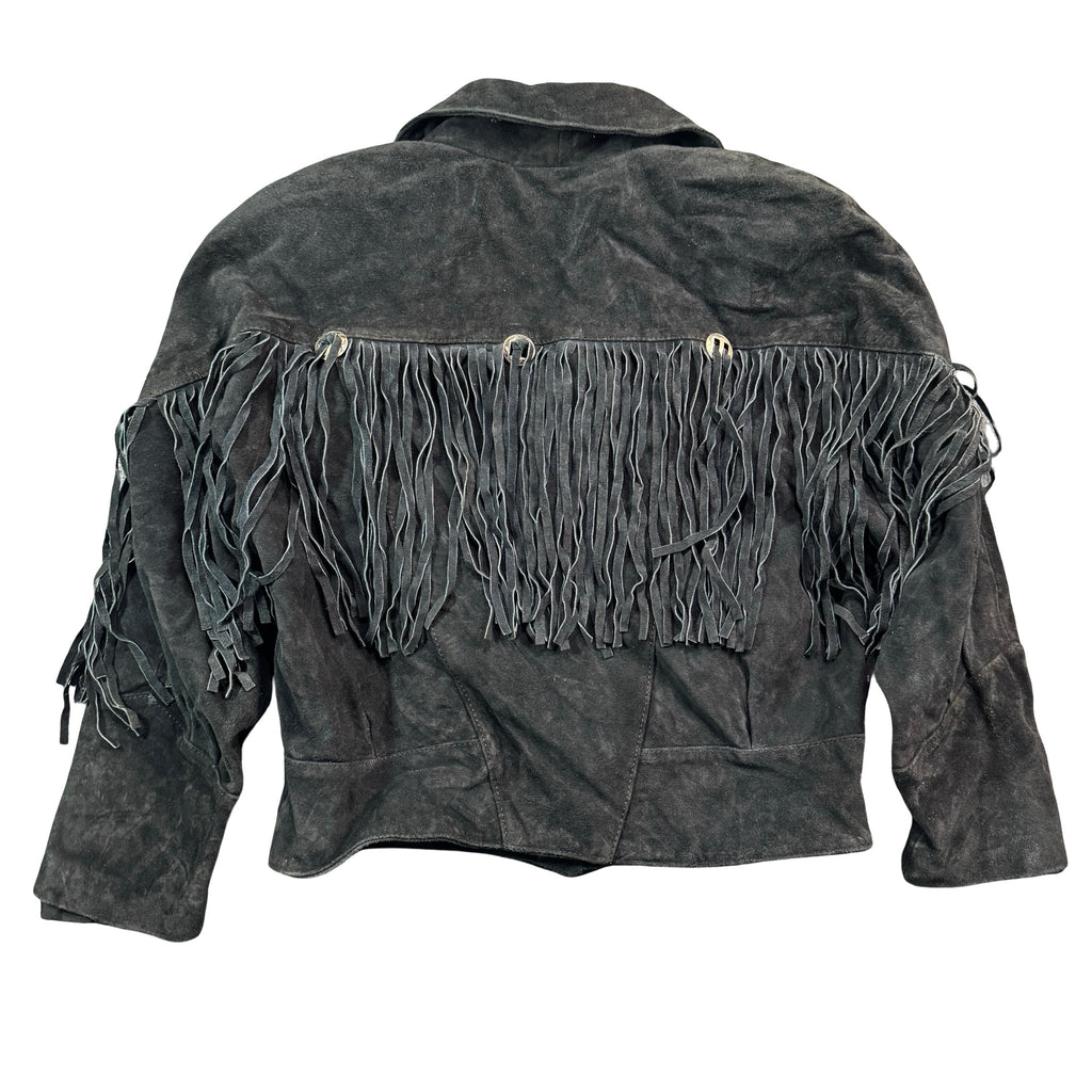 Vintage 80s-90s Best Leather Co Black Suede Fringe Concho Cropped Jacket Made in Korea Womens M