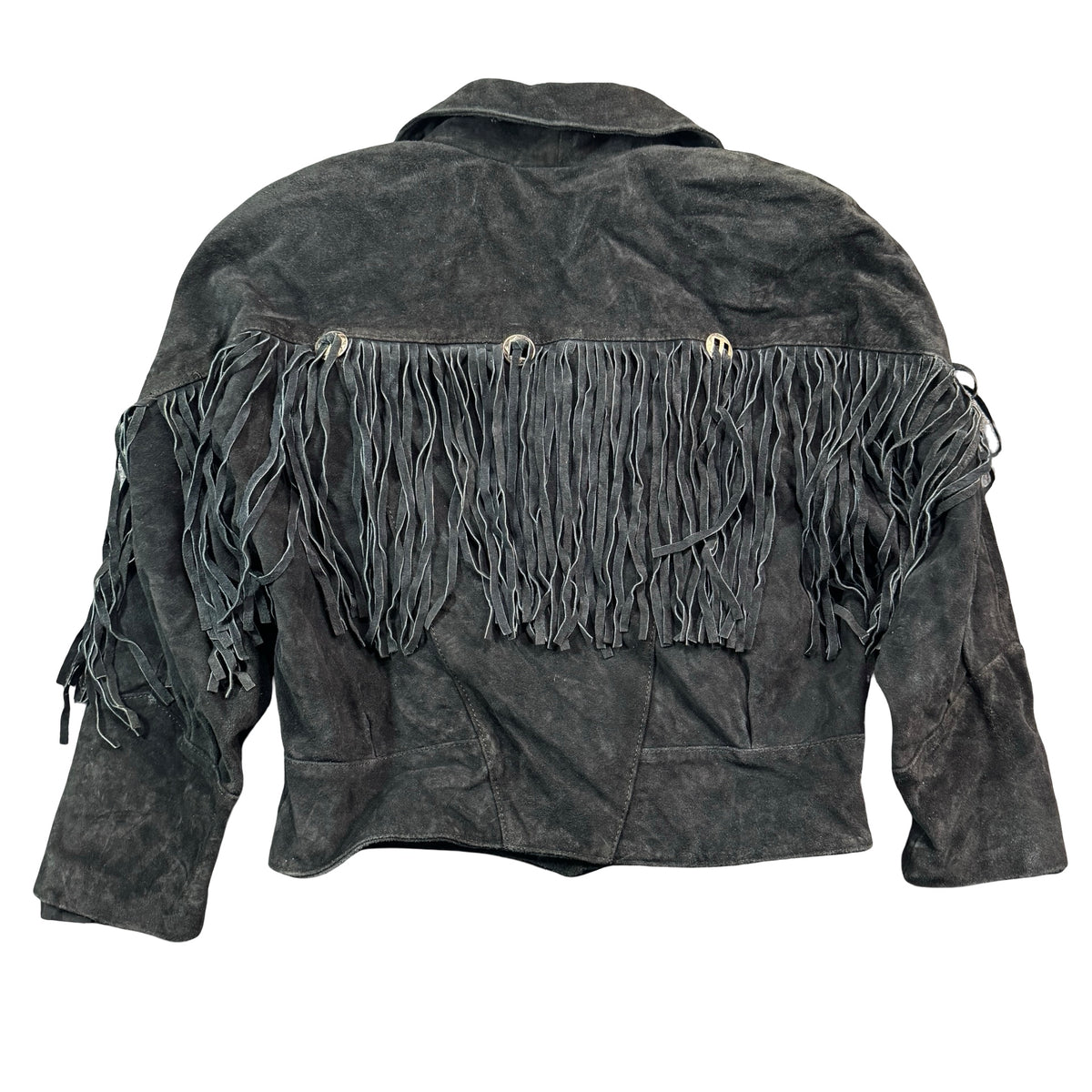Vintage 80s-90s Best Leather Co Black Suede Fringe Concho Cropped Jacket Made in Korea Womens M